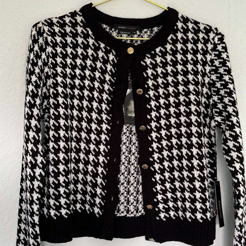 NWT BCBG Maxazria Black & White Houndstooth Print Cardigan M